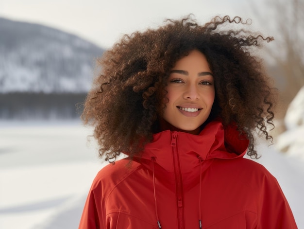 アフリカ系アメリカ人の女性が冬の雪の日を楽しんで遊び心のある感情的なダイナミックなポーズをとっています