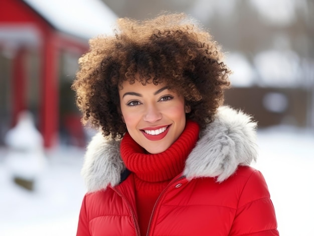 アフリカ系アメリカ人の女性が冬の雪の日を楽しんで遊び心のある感情的なダイナミックなポーズをとっています