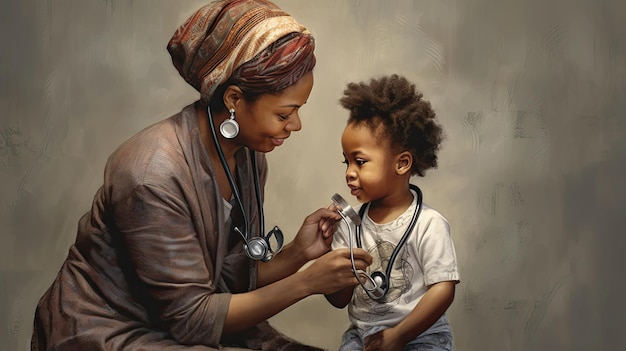 an african american woman examining a child with a stethoscope
