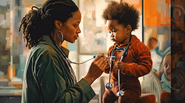 청진기로 아이를 진찰하는 아프리카계 미국인 여성