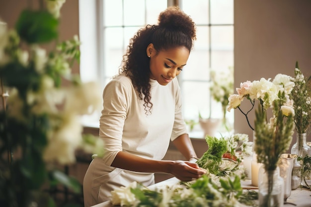 아프리카계 미국인 여성 꽃가루 판매자가 꽃 가게에서 꽃줄을 만들고 소규모 비즈니스 생성 AI 일러스트레이션