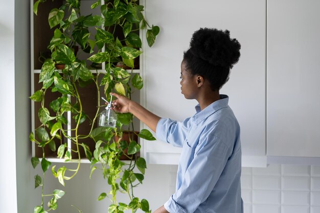 アフリカ系アメリカ人の女性の花屋は、さらなる販売のために肥料や水を噴霧する家の植物を育てます