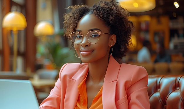 African american woman freelancer in pink suit sitting in modern cafe and working on laptop