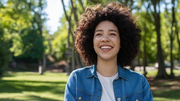 写真 アフリカ系アメリカ人の女性が公園の外で幸せに