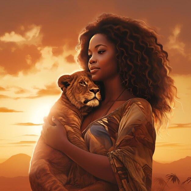 African American woman holding baby lion