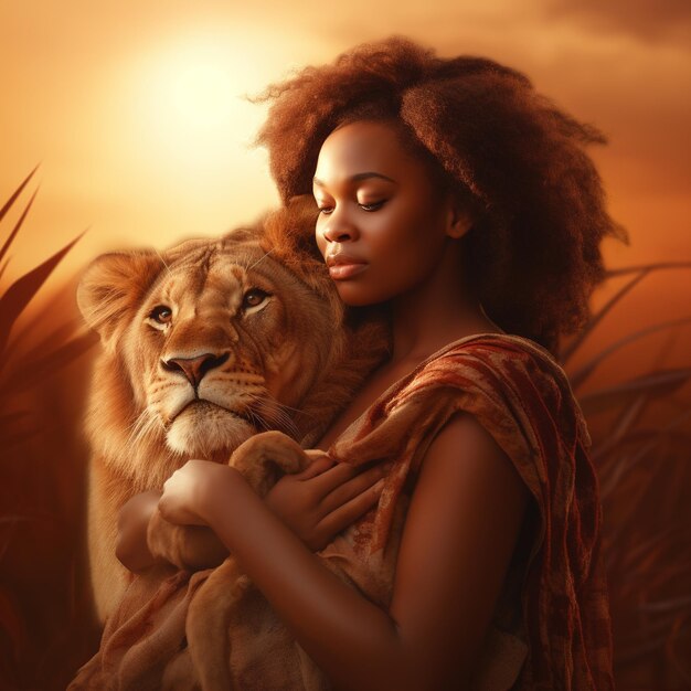 African American woman holding baby lion