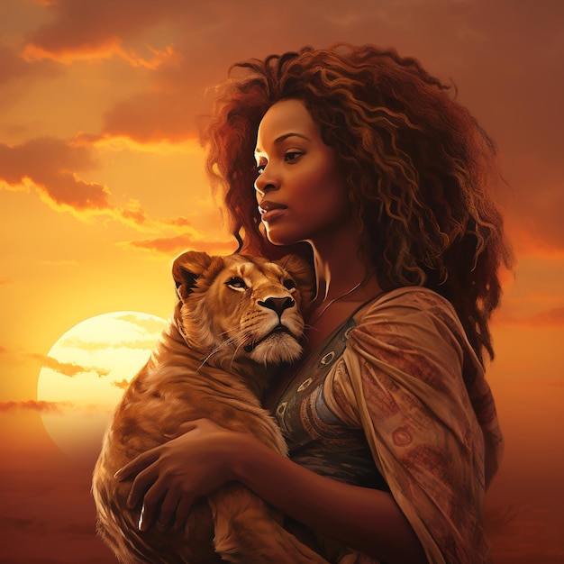 African American woman holding baby lion