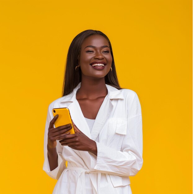 African American woman holding a phone on a yellow background