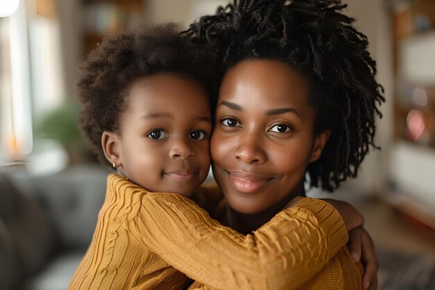 African american woman hugs child mothers day