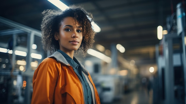 African American woman at industrial plant looking at camera