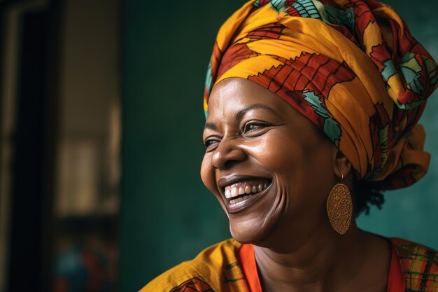 Фото Африканская американка радостная женщина среднего возраста африканская американка с оранжевым платком красивая черная женщина в повседневной одежде с традиционным тюрбаном дома смеется генеративный ай