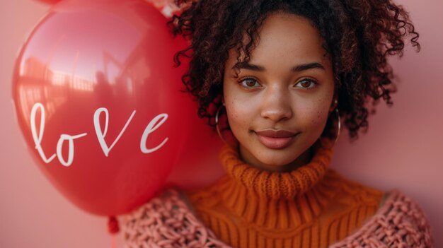 African american woman in knitted sweater shape balloon on pink love text valentines day