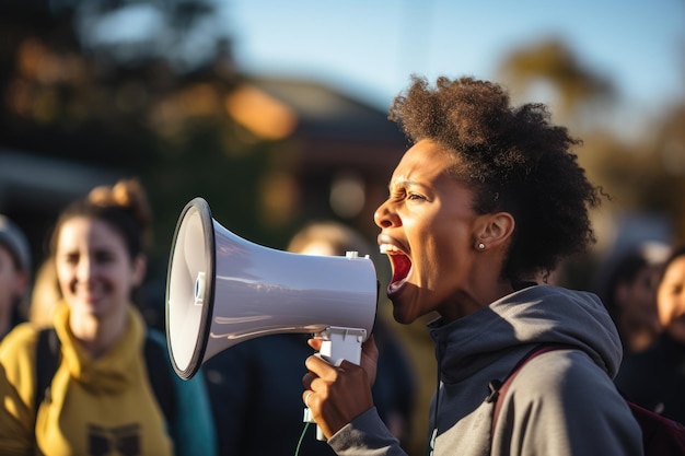 写真 アフリカ系アメリカ人の女性が抗議活動を率いて群衆の真ん中にメガフォンで叫んでいます