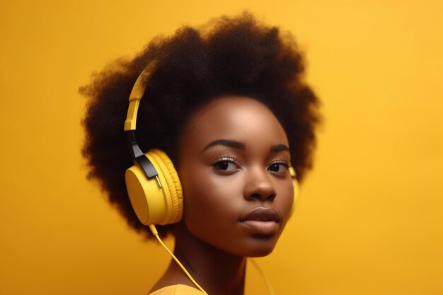 African american woman loves to listen to music with headphones in autumn trendy style posing on a yellow background generative ai