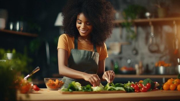 african american woman making salad in kitchen