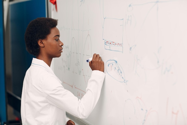 African american woman math student stands at blackboard with\
marker