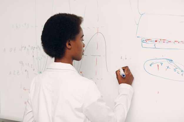 African american woman math student stands at blackboard with\
marker