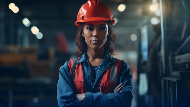 african american woman in orange hard hat posing with her arms crossed in an industrial warehouse