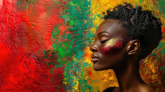 Афроамериканка позирует в профиле перед африканскими цветами на фоне в честь Дня свободы