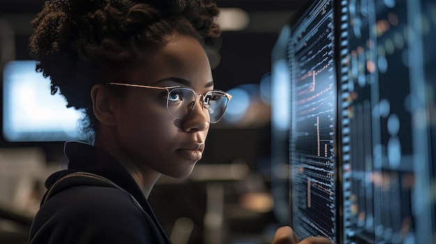 African American woman programmer looking at lines of code on a screen Generative AI
