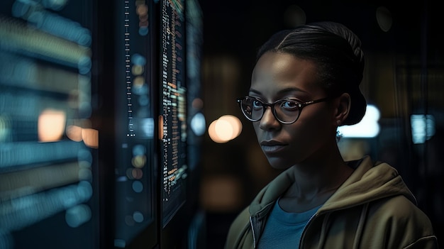 African American woman programmer looking at lines of code on a screen Generative AI