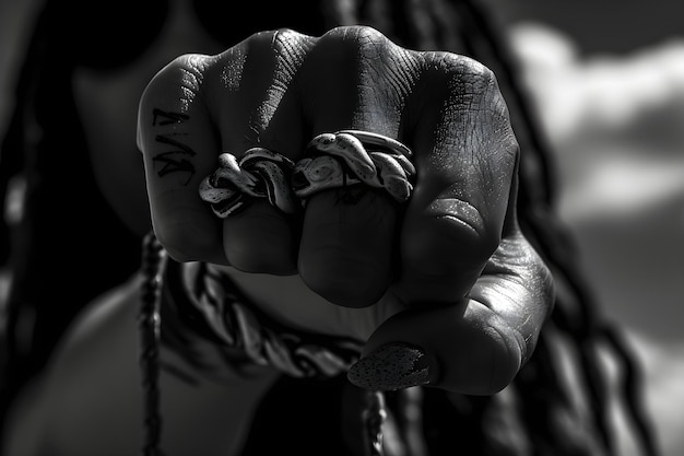 Афроамериканка поднимает кулак в знак протеста против Месяца черной истории