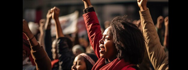 African american woman raising hands participating in a protest for human rights