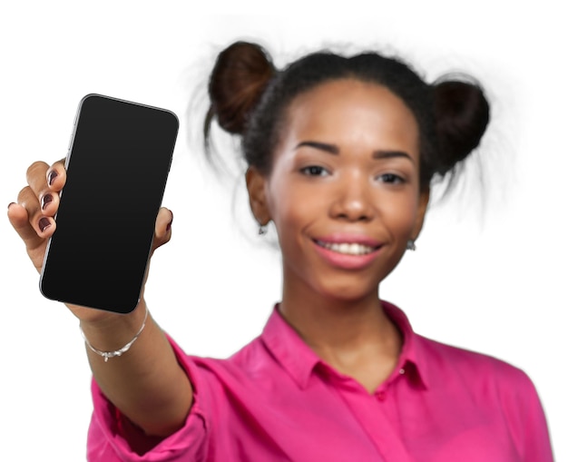 African American Woman showing a mobile phone