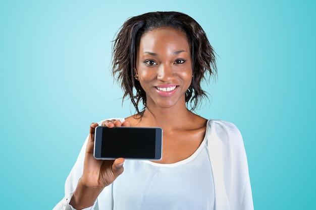 African American Woman showing a mobile phone