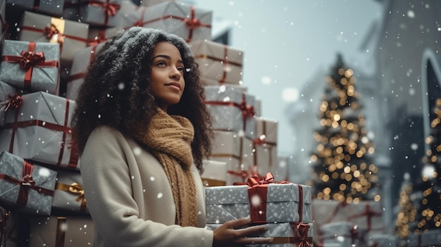 African american woman sitting and holding christmas present High quality photo