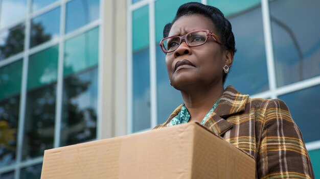 African American woman stands in front of office with box of personal items Middleaged dismissal