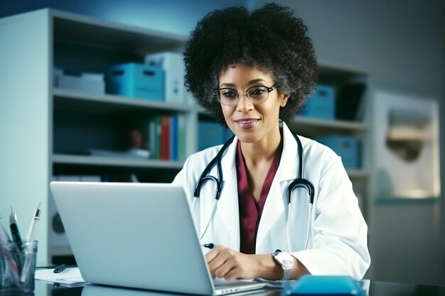 African American woman studies a doctors report on a laptop