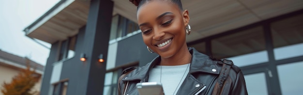 An African American woman in a stylish leather jacket focused on her cell phone screen