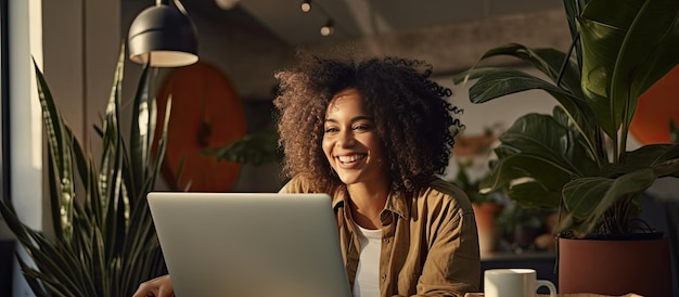 African American woman at table using laptop happiness copy space lifestyle communication video call domestic life unchanged