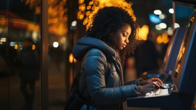 Photo african american woman using credit card and an atm machine in night city