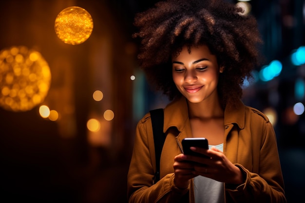 Photo african american woman using phone in the night street