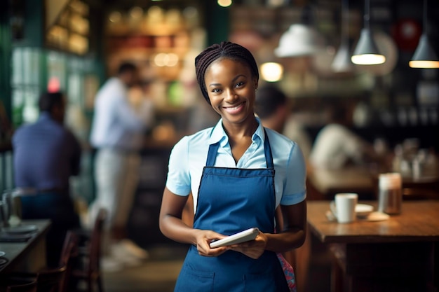 Афроамериканская официантка готова принимать заказы.