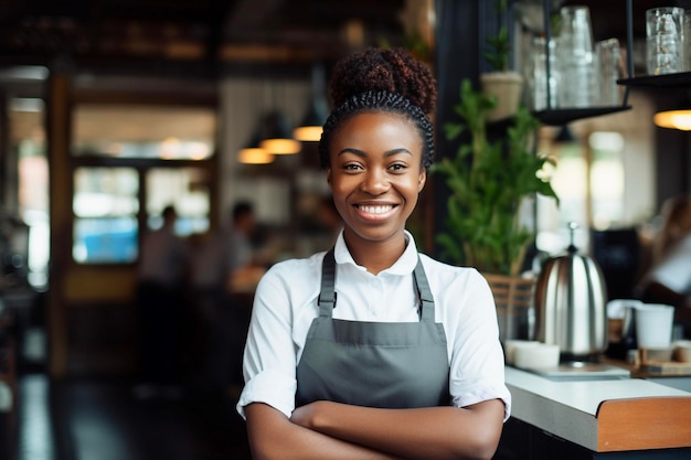 写真 コーヒーショップのバリスタ ⁇ 注文を受ける準備ができているアフリカ系アメリカ人の女性ウェイトレス