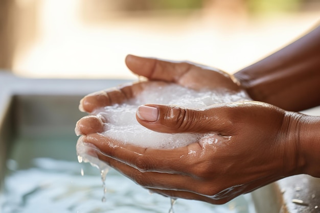 アフリカ系アメリカ人の女性が水道水槽の下で手を洗っています