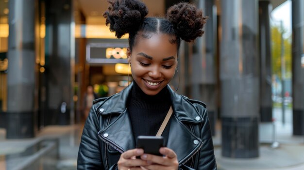 African American woman wearing a leather jacket focused on her cell phone screen