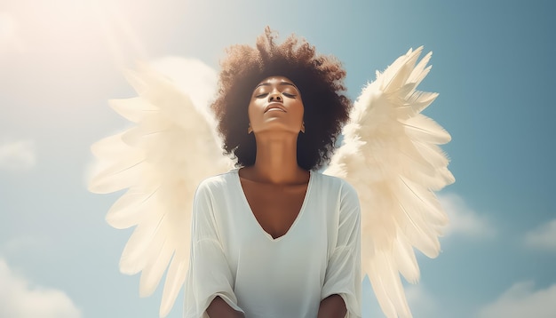 african american woman in white dress with afro curles feekinf wings of angel in her back