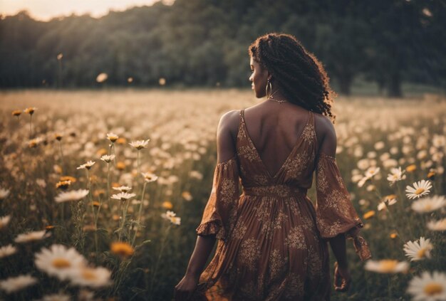 野生の花畑のアフリカ系アメリカ人の女性