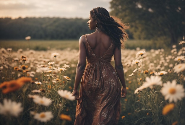 African American woman in wild flower field