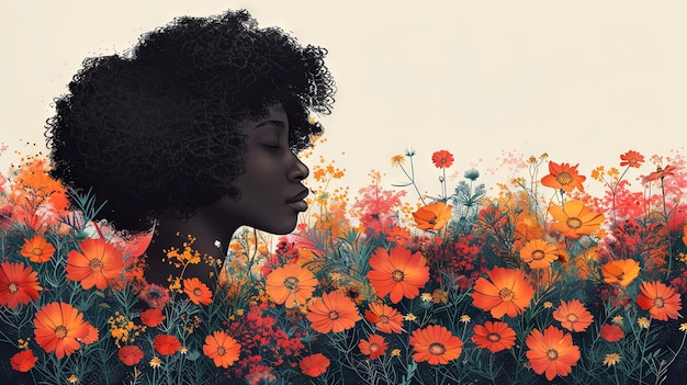 African American woman with afro hairstyle and flowers in meadow