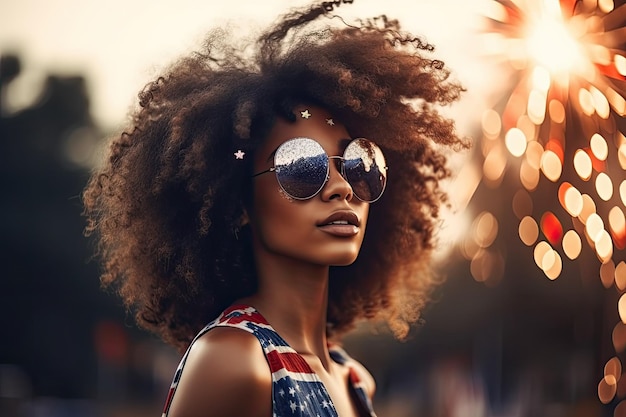 African American woman with american symbols at a fourth of July fireworks display independence day