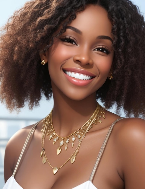 African American woman with a beautiful smile and perfect white teeth Closeup portrait