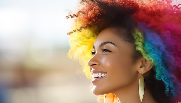 african american woman with curly hair in rainbow colors black history month