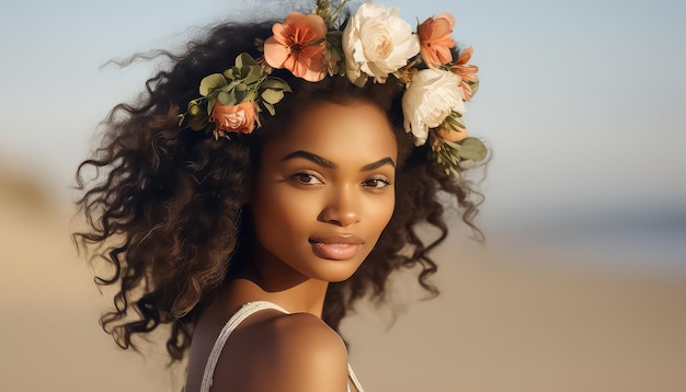 Photo african american woman with curly hair and a wreath on her head spring concept