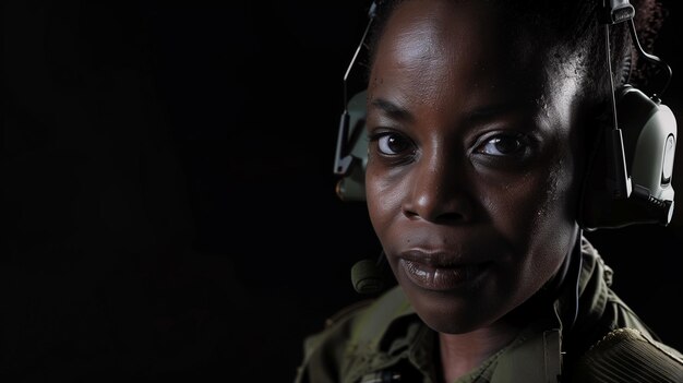 African American woman with headphones in uniform