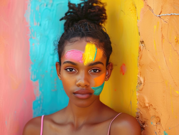 Foto donna afroamericana con avatar dipinti